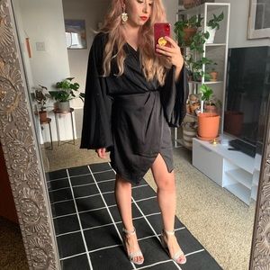 Blouson Sleeve Satin Shirt Mini Dress with Open Back